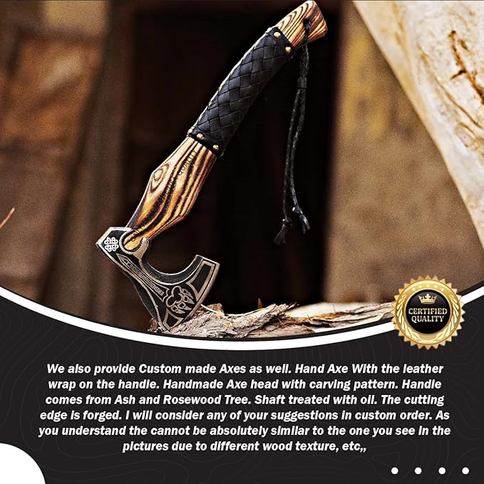 Custom Gift Forged Carbon Steel Viking Axe with Rose Wood Shaft Viking Bearded Camping Axe &amp Hatchet Best Birthday Gift for Him 18 Inches (Valhalla Axe)