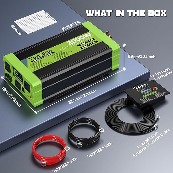 2000W Pure Sine Wave Inverter 12V DC to 120V AC Inverters for RVTruck Solar Home Off-Grid Car Power Inverter with LCD Display 3 AC Outlet 30W USB-C USB Remote Control Surge 4000W