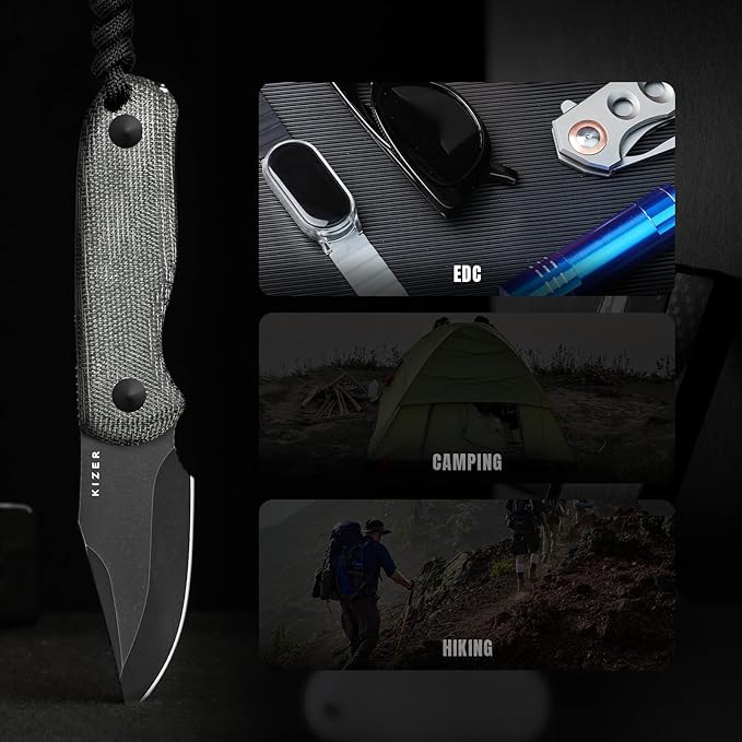 Kizer Drop Bear Fixed Blade Knife 2.6 AEB-L Black Stonewash Blade EDC Camping Knife with Black Micarta Handle &amp Hidden Tools Full Tang Hunting Survival Knives with Adjustable Kydex Sheath 1092