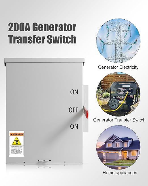 200 Amp Transfer Switch 3P 120/240V 48000W General-Duty Double-Throw Safety Switch Meeting NEMA 3R Standards for Outdoor and Indoor