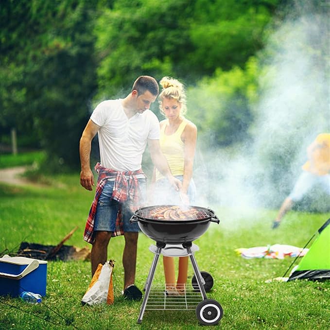 Outvita 18 inch Portable Charcoal Grill Stainless Steel BBQ Kettle Charcoal Grill with Wheels and Storage Holder for Camping Picnic Barbecue Party Outdoor Activities