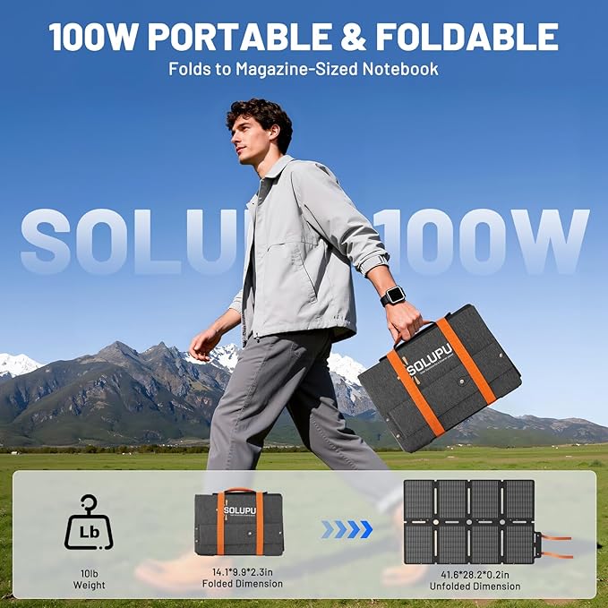 SOLUPUP 100W Portable Solar Panels-24% High Efficiency-Compact 8-fold Design MC-4 Output for Power Station Generator Power Banks RV &amp Emergency IP67 Waterproof for Camping RV Travel Outdoor Activi