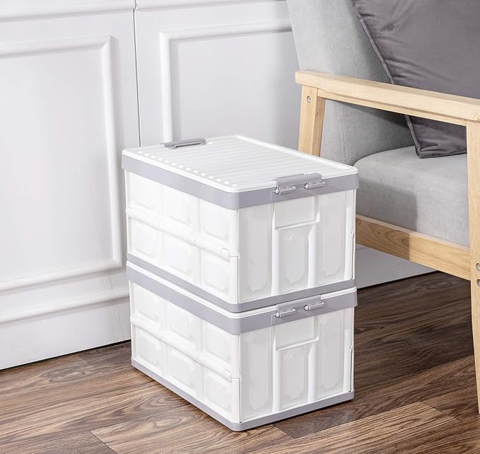 Collapsible Storage Bins with Lids 30L Folding Plastic Stackable Utility Crates 2-Pack Durable Containers for Home &amp Garage Organization - Oyster White