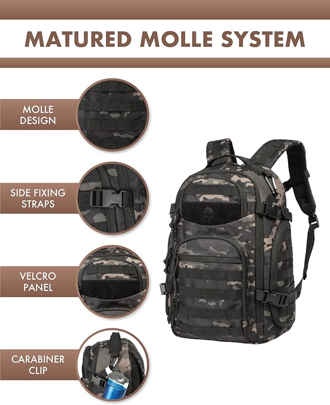 Military Tactical Backpack for Men 35L Tactical Laptop Backpack Tactical Bag Bug Out Bag Army 3 Days Assault Pack - Black&ampCamo