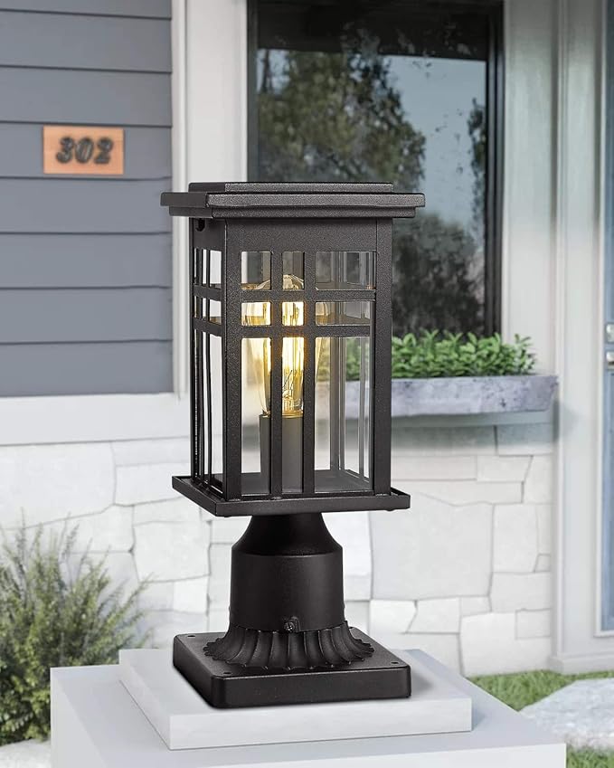 zeyu Exterior Post Light Outdoor Pole Lantern Pillar Light Fixture with Clear Glass Shade and Black Finish 20068-P BK