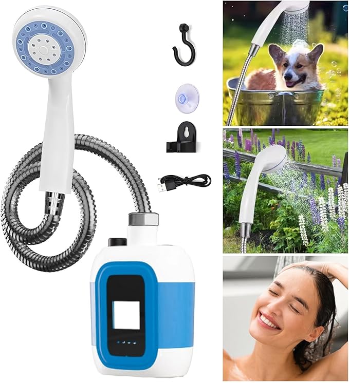 Portable Shower for Camping [Long-Lasting] 2000mAh Rechargeable Camping Shower with Intelligent LED Display IPX7 Waterproof Outdoor Camp Pump for Hiking Travel Car Pet