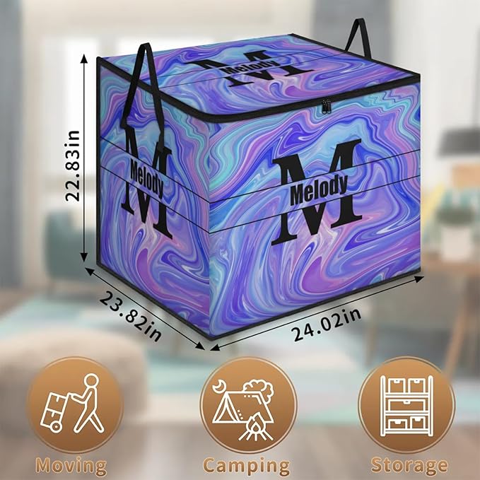 Personalized Storage Bins with Lid Customized Name Initial Letter Jumbo Storage Basket Rectangle Clothes Organizer for Organizing Kids and Pets Toys Shelf Closet Abstract Purple Pattern