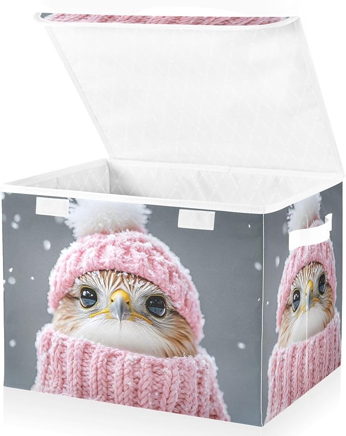 AIXIWAWA Lidded Storage Cube (Cute Bird in Winter) Fabric Foldable Closet Bins with Flip Lid and Handles Organizer Basket Container 16.5 x 12.6 x 11.8 IN