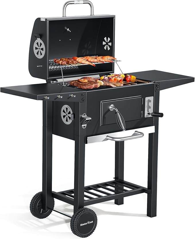 MASTER COOK Charcoal Grills with Two Foldable Side Tables 353 Sq.In Cooking Area Outdoor Smoke Barbecue bbq Grill for Camping Backyard Party Patio Picnic Garden Black18D x 43W x 37H