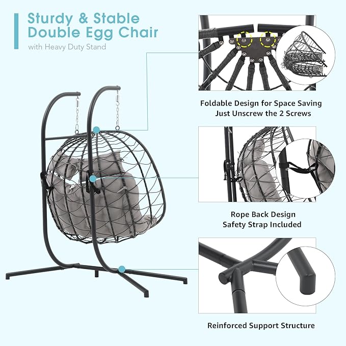 Patiorama 2 Person Double Egg Swing Chair with Stand Indoor Outdoor Patio Wicker Rattan Hanging Egg Chair w/Cushion Pillow Foldable Hammock Chair 550lbs for Bedroom Balcony Garden (Light Grey)