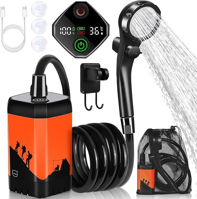 MIAOKE Upgrade Portable Camping Shower 7800mAh Outdoor Electric Shower Rechargeable Pump with Intelligent Digital Display Temperature Display Shower Head for Camping Hiking Traveling