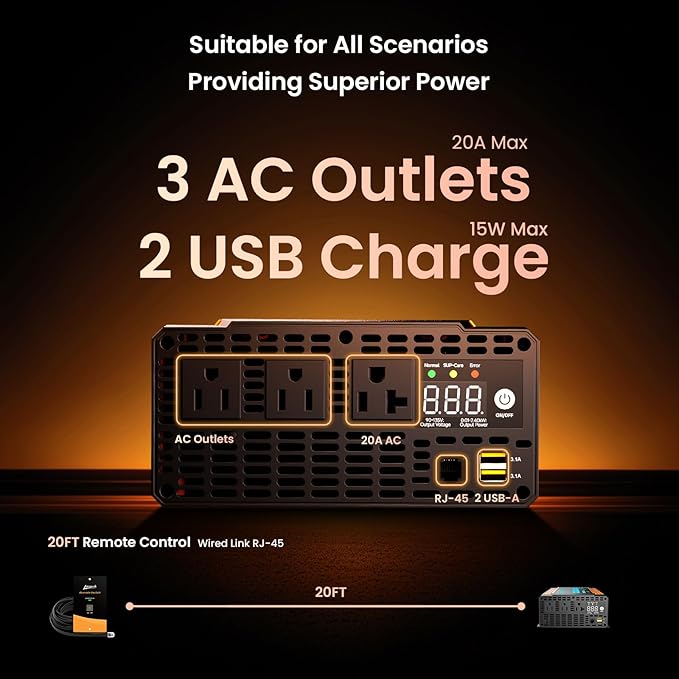 Ampeak Pure Sine Wave Inverter [2000 Watt] - 6000W Surge 12v DC to 110V AC Converter Power Inverter for RV Truck Home Solar Outdoor with Dual AC &amp 20A Outlets Hardwire Port 5V 3.1A USB &amp