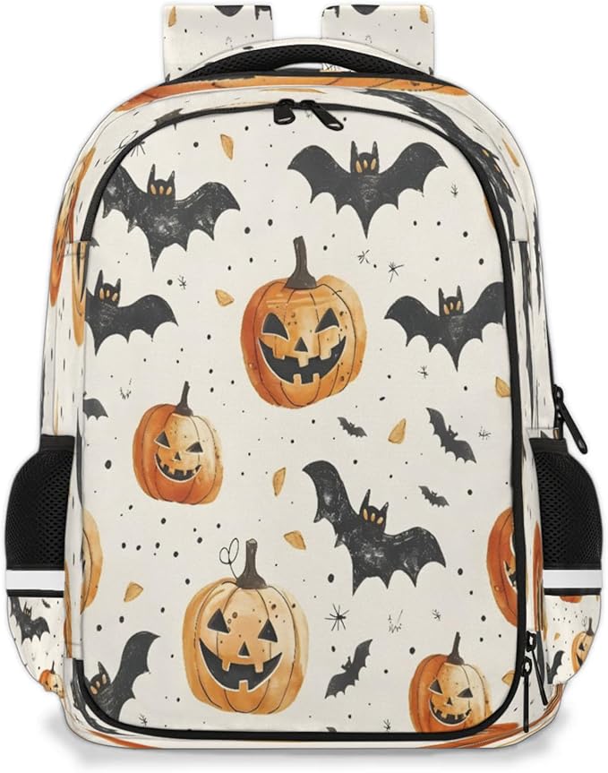 QsirBC Pumpkin Lights Bat Point Leaf Multi Compartment Backpack with Reflective Strips Adjustable Padded Straps Large Capacity Waterproof Duffel Bag for Men Women Work and Daily Use