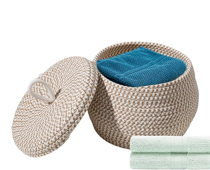 Rope Woven Basket - Round Rope Organizer Cotton Table Basket Covered Storage Bin | Stylish Decorative Utility Holder Soft Lid Container with Sturdy Shape for Napkins Sundries Snacks Makeup Towels