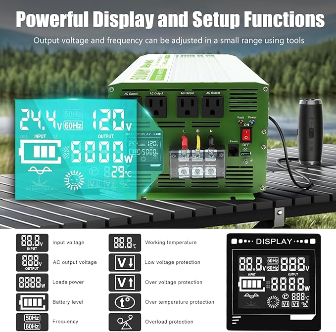 Newdeli 5000 Watt Power Inverter 24V DC to 110V/120V AC Converter 10000W Peak Pure Sine Wave Inverter with LCD Display Wireless Controller 4 AC Outlets and 3.4A USB for Vehicles Car Truck RV Solar