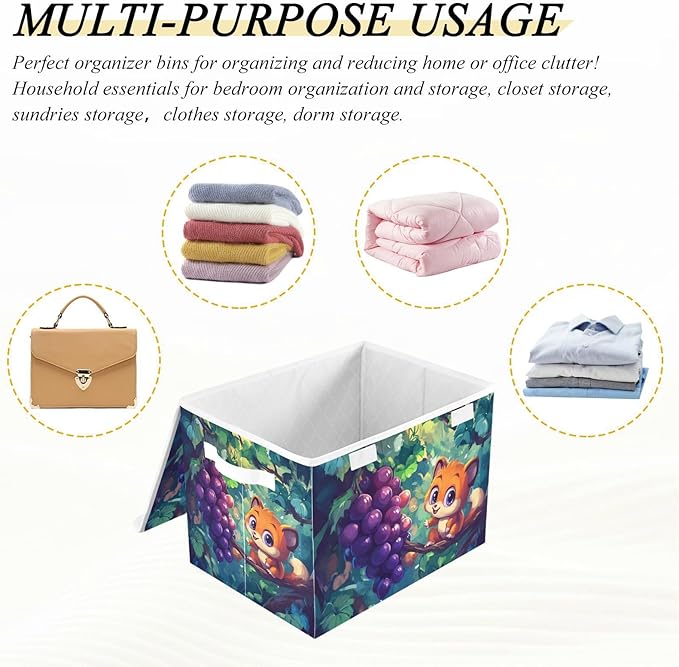 Collapsible Storage Bins with Lids Decorative Fabric Storage Cubes Closet Organizer and Storage Basket Boxes Containers for Clothes Box Chest Nursery Folding Rectangle Cute Grape Fox