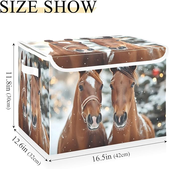 AIXIWAWA Lidded Storage Cube (Christmas Horses) Fabric Foldable Closet Bins with Flip Lid and Handles Organizer Basket Container 16.5 x 12.6 x 11.8 IN