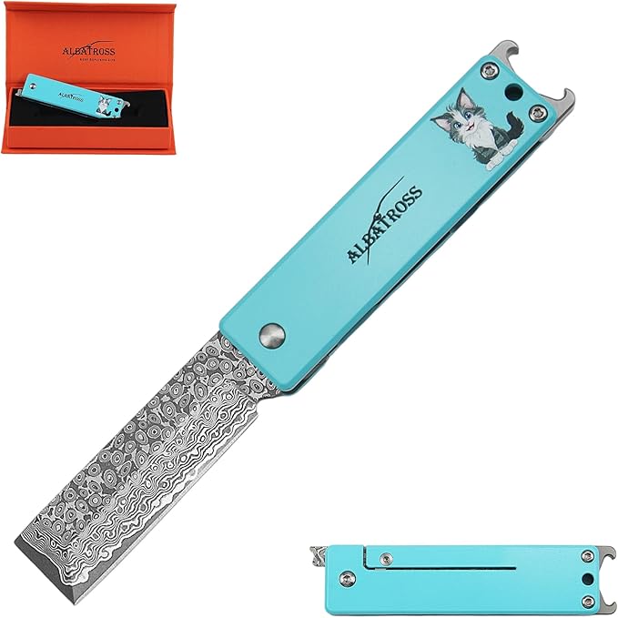 ALBATROSS Blue Damascus Cute Cat Pattern Pocket Knife - Stocking Stuffer for Men 3.5 Titanium Alloy Box Cutter - EDC Keychain Gadgets with Bottle Opener Mothers Day Fathers Day Gift for Cat Lovers