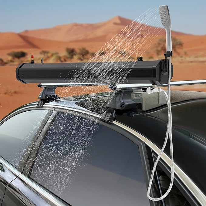 5.28 Gallon Portable Camping Shower with Solar Heating Self-Pressurized Water Tank Roof Rack Mount Vehicle Shower System for Outdoor Camping Beach Trips Car Washing SUVs Trucks RVs