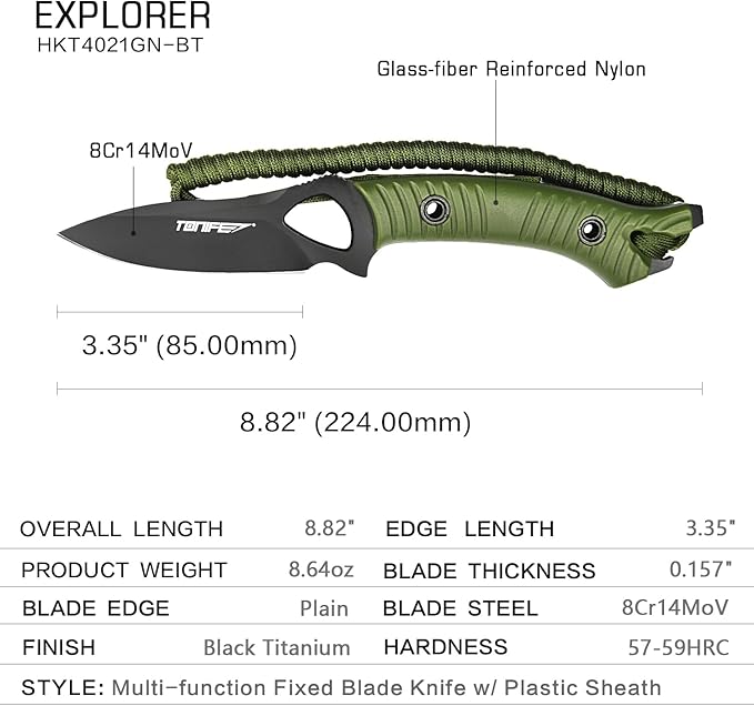 TONIFE Explorer Fixed Blade Knife with Sheath 8Cr14moV Multifunctional Survival Knife Blade with Fiberglass Reinforced Nylon Handle for Outdoor EDC Knife