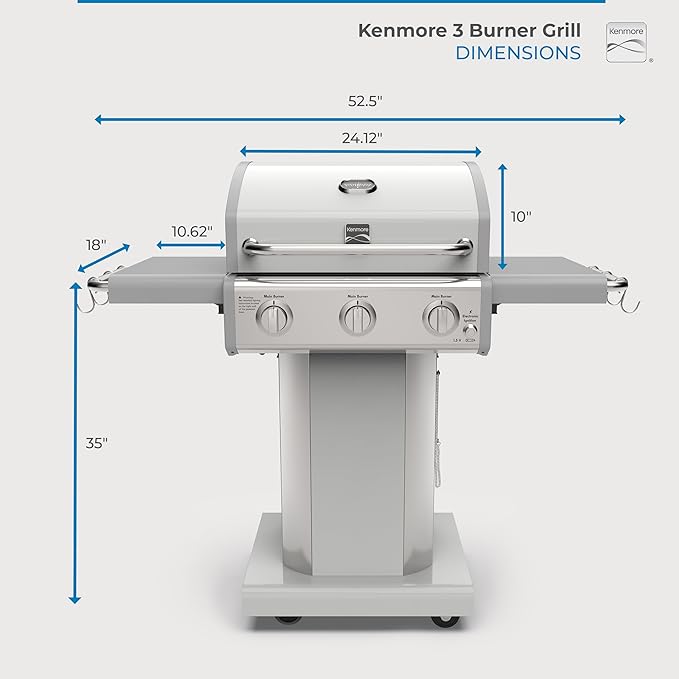 Kenmore 3-Burner Outdoor BBQ Grill | Liquid Propane Barbecue Gas Grill with Folding Sides PG-A4030400LD-PE Pedestal Grill with Wheels 30000 BTU Pearl White