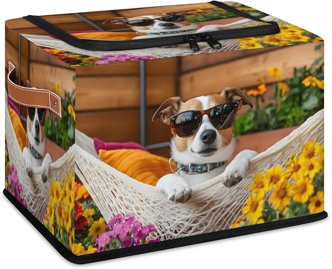 Cute Dog Storage Box with Lid Hawaiian Flower Collapsible Storage Bins Baskets Cubes Closet Shelf Clothes Organizer Containers with PU Leather Handles