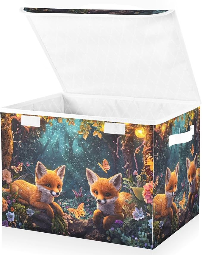 Storage Cube with Lid Cute Foxes Print 16.5×12.6×11.8 IN 1 Pack Collapsible Large Capacity Foldable Storage Basket Bin Organizer