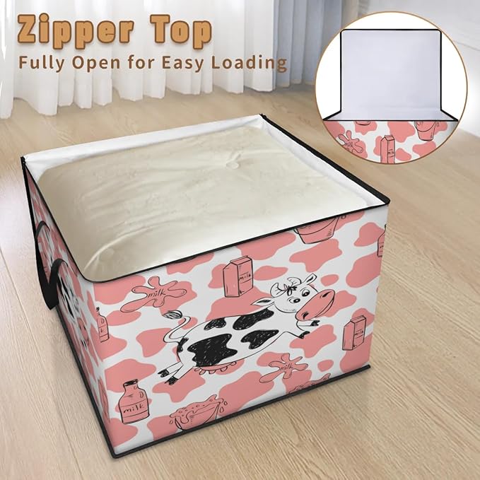 Large Milk Cow Storage Bags with Lid XL Blanket Clothes Storage Bins Foldable Organizers Storage Containers with Handle for Comforters Bed Sheets Pillows Cow