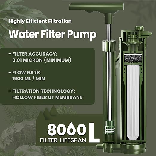 Portable 3-Stage Water Purifier Survival Pump with 0.01 Micron Ultrafiltration Membrane Water Purification SystemSuitable for HikingCampingEmergency Survival Water and Outdoor Activities