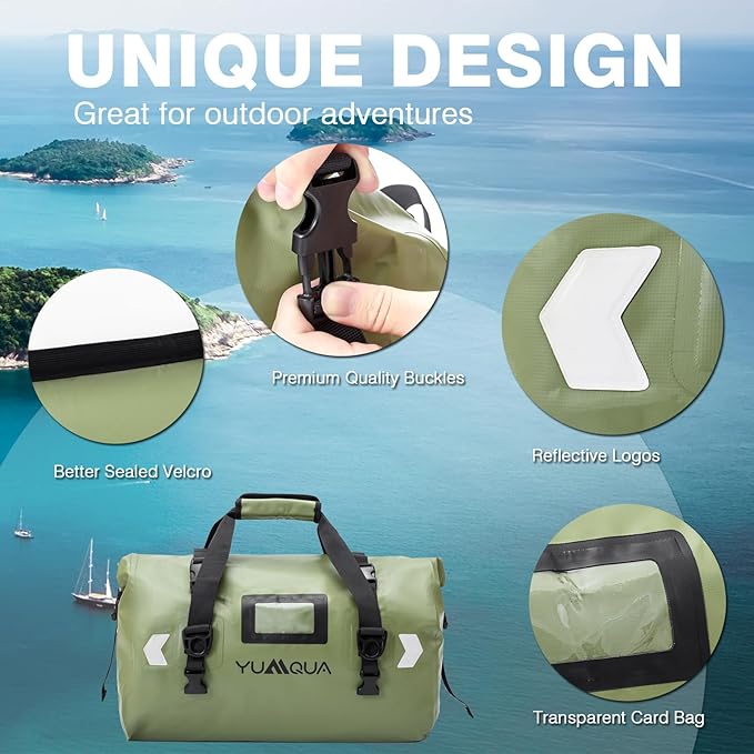 YUMQUA Waterproof Duffel Bag Motorcycle Duffle Bag Heavy Duty Roll Top Large Dry Bags Waterproof with Durable Straps &amp Handle for Travel Outdoor Boating Rafting Kayaking Camping Paddle boarding