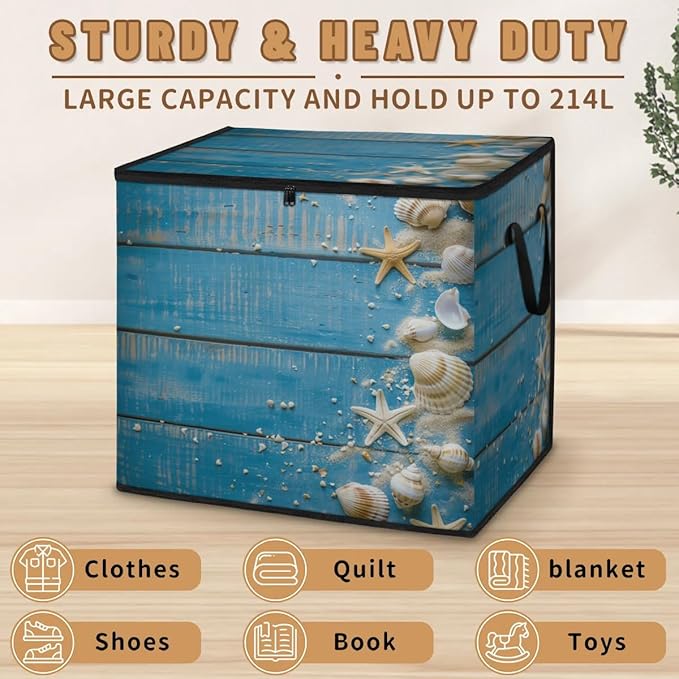 XL Large Clothes Storage with Lid Handle Summer Beach Large Thick Clothes Blanket Storage Containers for Organizing Bedroom Closet Comforter Beach Theme Seashells Starfish