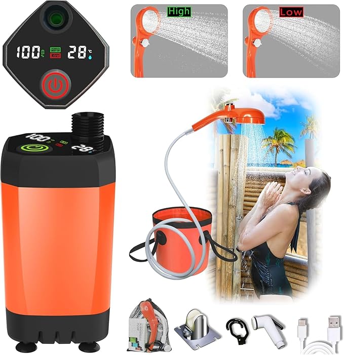 Portable Camping Shower Pump for Traveling: Water Pump with 6000mA Rechargeable Battery &amp Bucket for Family Camping Trip
