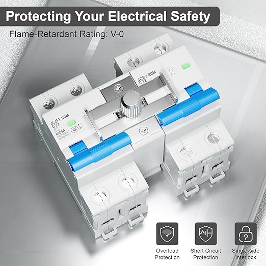 32 Amp Dual Power Manual Transfer Switch 2Pcs 2-Pole Circuit Breakers with Single-Side Slide Lock DIN Rail Included Ideal for Industrial and Home Use
