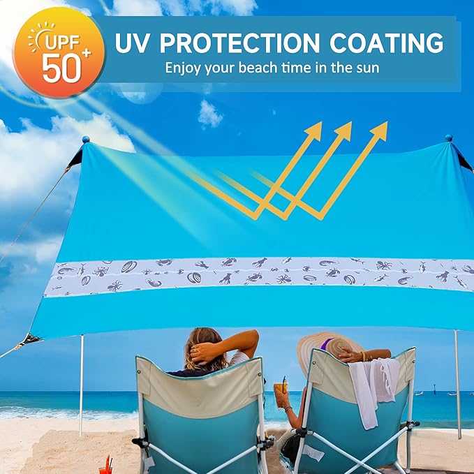 Villey Beach Tent Sun Shelter with UPF50+ Protection 8×7FT Portable Sun Shade with 2 Stability Poles 8 Ground Pegs 4 Sandbags and Sand Shovel Outdoor Beach Canopy for Camping Trips Picnics