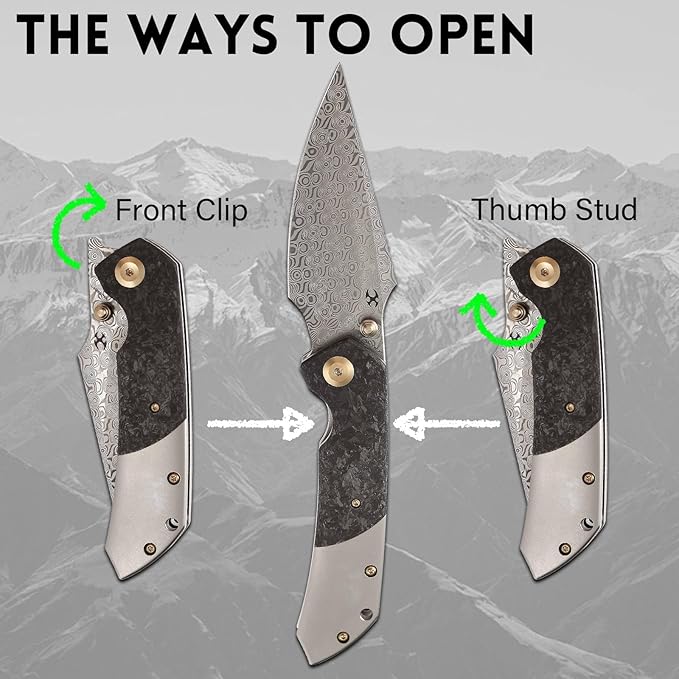 KANSEPT Fenrir Pocket Knife 3.48 Damascus Harpoon Blade Plain Titanium Handle Shred Carbon Fiber Inlay Thumb Stud &amp Liner Lock with Deep Clip EDC Knives for Camping Hunting Survival K1034B1