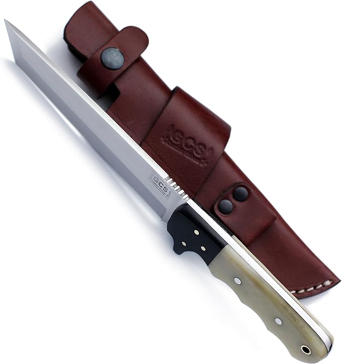GCS Custom Handmade Coloured Bone Handle D2 Tool Steel Tanto Survival Tactical Fixed Blade Knife Buffalo Hide Leather Sheath GCS177
