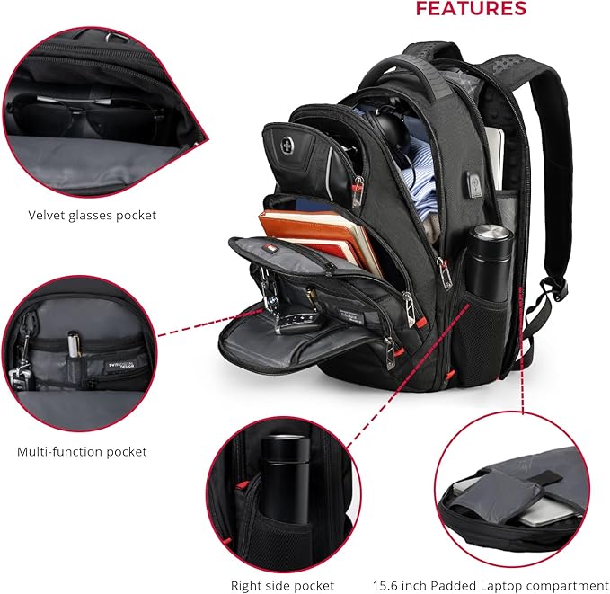 Swissdigital Design Travel Backpack for Women or Men TSA Friendly USB Charging RFID Protection Business Carry on Bag Fits 15.6 Laptop Backpack Black | J14-BR