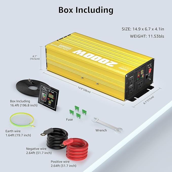 XWJNE 2000 Watt Pure Sine Wave Inverter 12V DC to 120V AC 4000W Peak Power Converter with LED Display and Remote Controller for Home RV Truck Off-Grid Solar