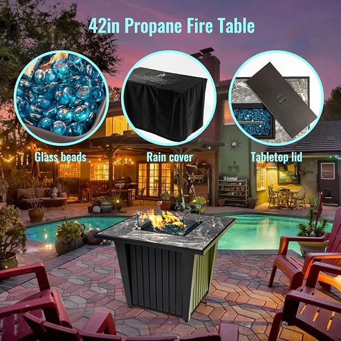 32'' Propane Fire Pit Table Marble Tile Ceramic Tabletop with Glass Wind Guard 50000 BTU Fire Table with Inclined Leg and Art Powder Design Blue Glass Rocks Including Lid&ampCover Grey
