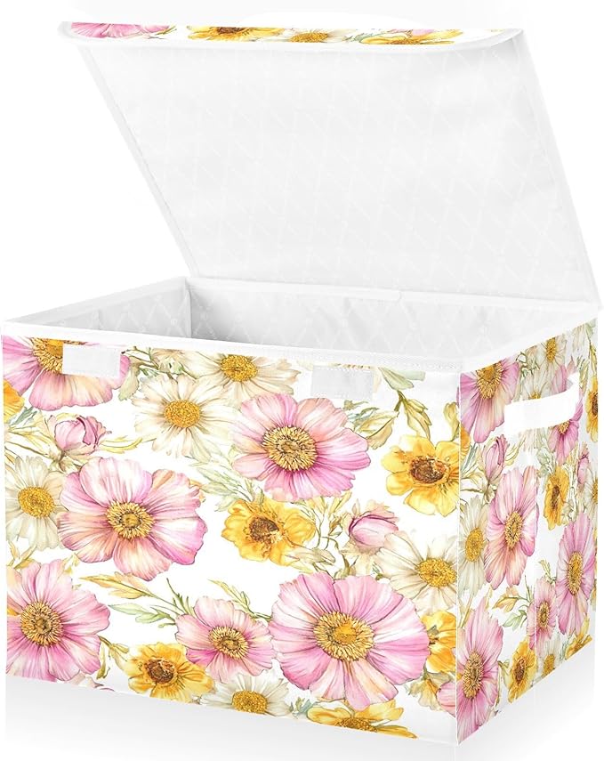 Flowers Fabric Storage Bins with Lids and HandleFoldable Storage Bins with LidsCloset Organizers for Clothes Storage Room Organization Office Storage Chest Organizer