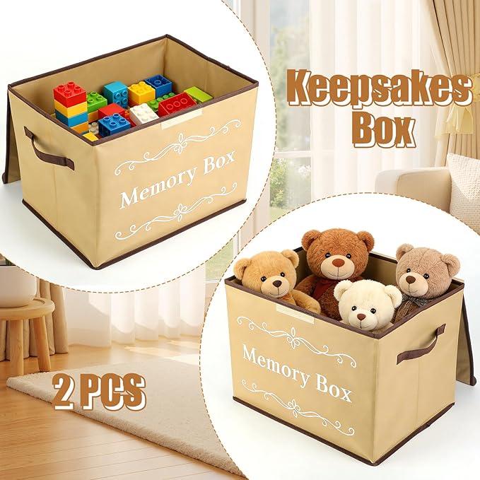LemonRoad 2Pcs Memory Box Keepsakes for Kid Memory Decorative Storage Box Bin with Lid for Baby Wedding Travel Birthday Anniversary Precious Milestones Gift Loved Ones Treasured 16x12x12''(Linen)