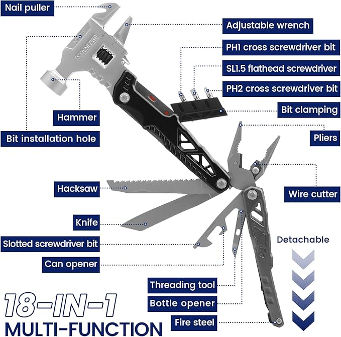 18-in-1 Multipurpose Tool Kit Survival Camping Gear &amp Fishing Gifts Multitool with Hammer Pliers Screwdriver and Pocket Knife for Dad Men(Black)
