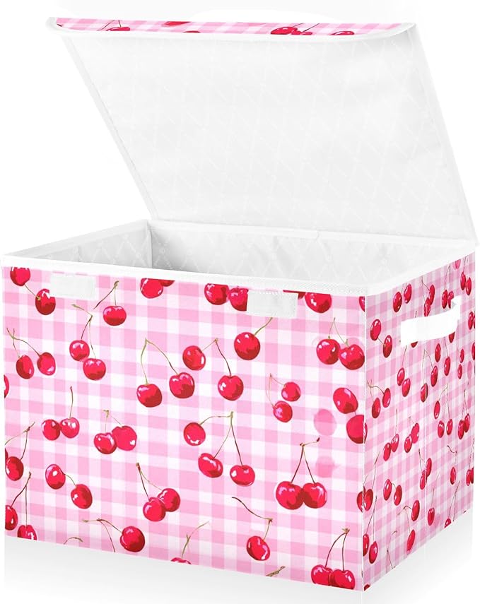 Storage Bins with Lids Storage Containers Box Organizer Bin Basket with Handles for Closet Shelves Clothes Stackable Foldable Decorative Pink Juicy Checkered Cherry