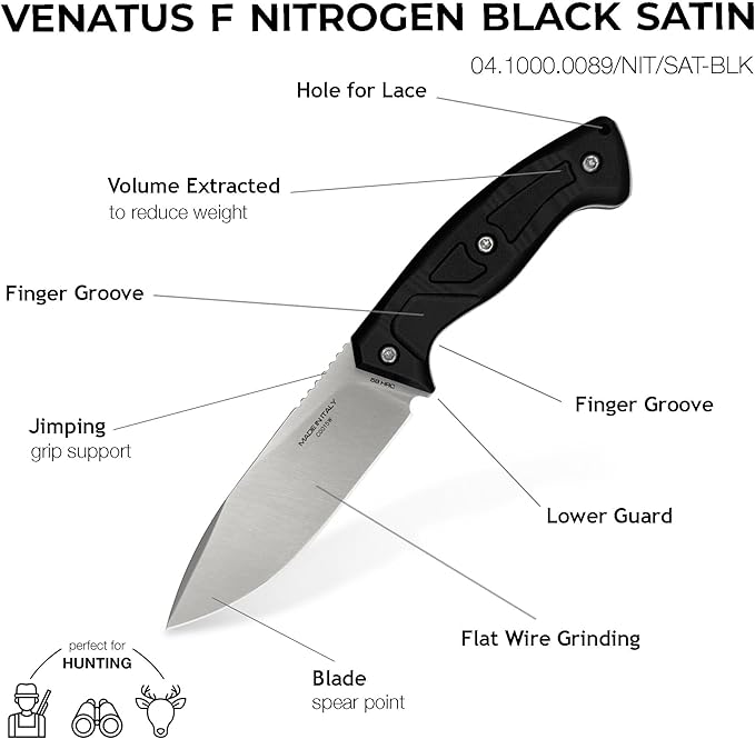 Extrema Ratio - Venatus F (Nitrogen Black Satin) Fixed Blade Knife Nitrogen Steel Blade Satin Finish Full Tang Construction Ergonomic Handle Premium Leather Ambidextrous Sheath