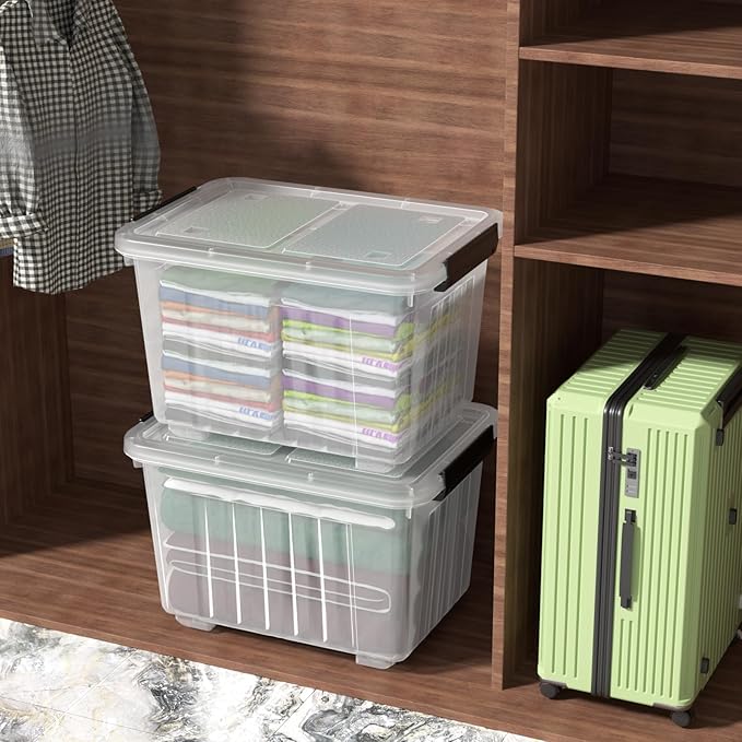 50 Quarts Plastic Storage Boxes Large Clear Bins with Lids and Wheels Set of 4