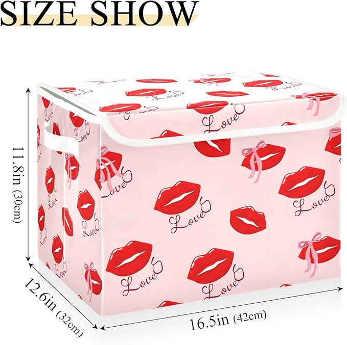 Collapsible Storage Bins with Lids Red Lips with Love Foldable Fabric Organizer Baskets for Closet Home &amp Seasonal Decor 16.5x12.6x11.8 Inches