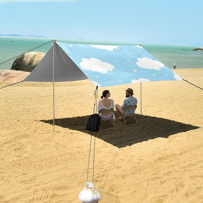 Beach Canopy with Windproof Ropes &amp Sandbags Beach Tent Sun Shade Sun Shelter for Camping Trips Fishing Backyard Fun or Picnics Cloud