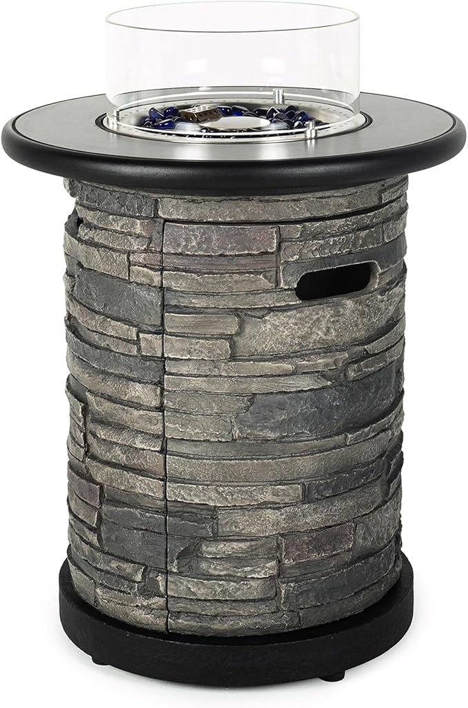 BAIDE HOME Outdoor Propane Fire Pit Table Round Porcelain Tile Top 22 Fire Bowl Column W/ 40000 BTU Firepit Table Auto-Ignition 400D Cover Glass Rocks for Outside Patio