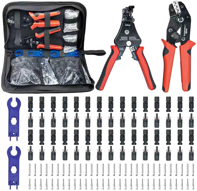 60PCS Solar Connector Crimping Tool Kit for Connecting Solar Panel Cable Wire with 30 Pairs MC4 Connectors AWG13-10 Crimper and Stripper2pcs Spanner WrenchSolar Panel Connectors in the bag.