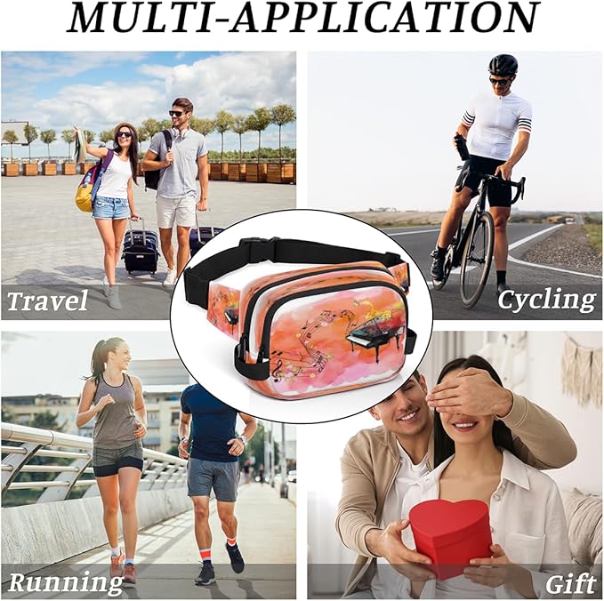 Piano Notes Flowers Watercolor Waterproof Fanny Pack for Women Men Adjustable Waist Bag with Double Zipper Pockets Lightweight Square Hip Pack for Running Travel Hiking Workout Cycling